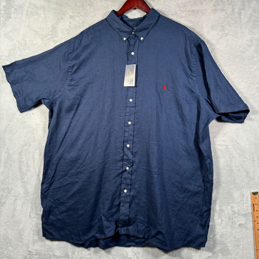 Polo Ralph Lauren Shirt Mens 3XLT 3XL Tall Navy Blue Linen Short Sleeve $140